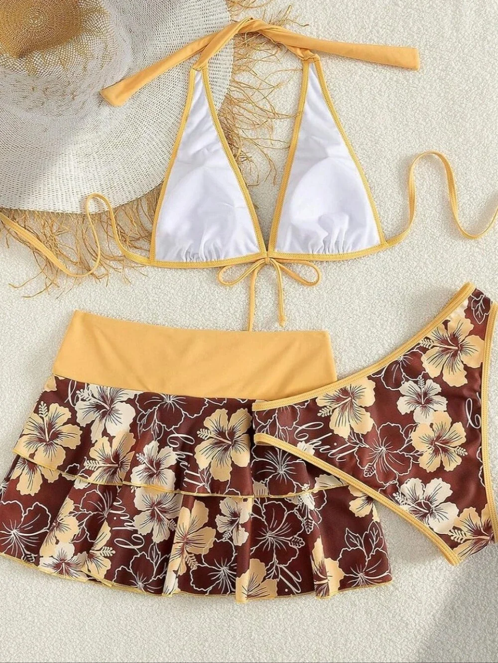 BRAND NEW 3 Piece Bikini Set Tropical Floral Print with Skirt Size SMALL